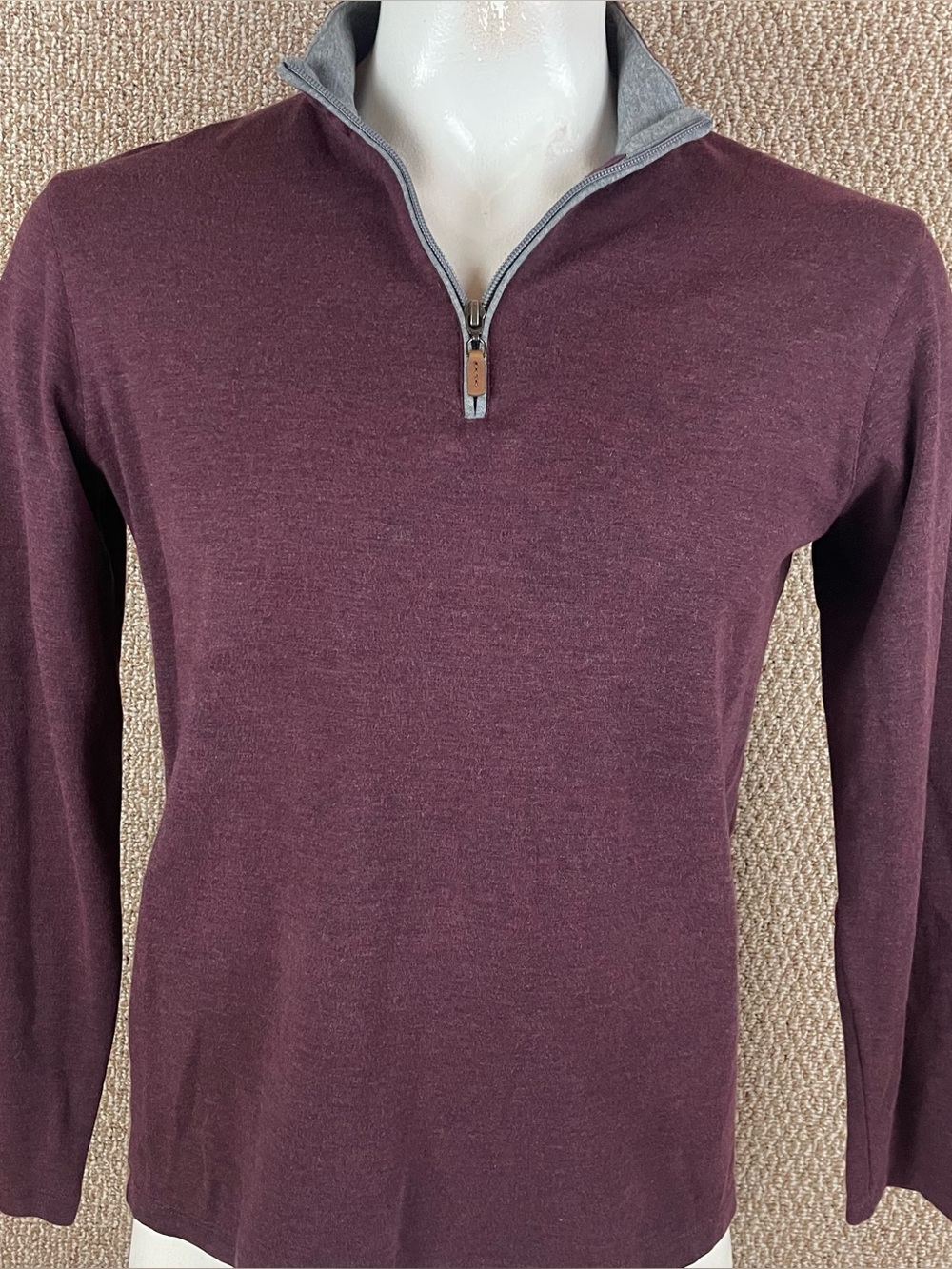 Mizzen & Main Pullover Sweater Men Large 1/4 Zip Trim Fit Maroon Cotton Blend C4